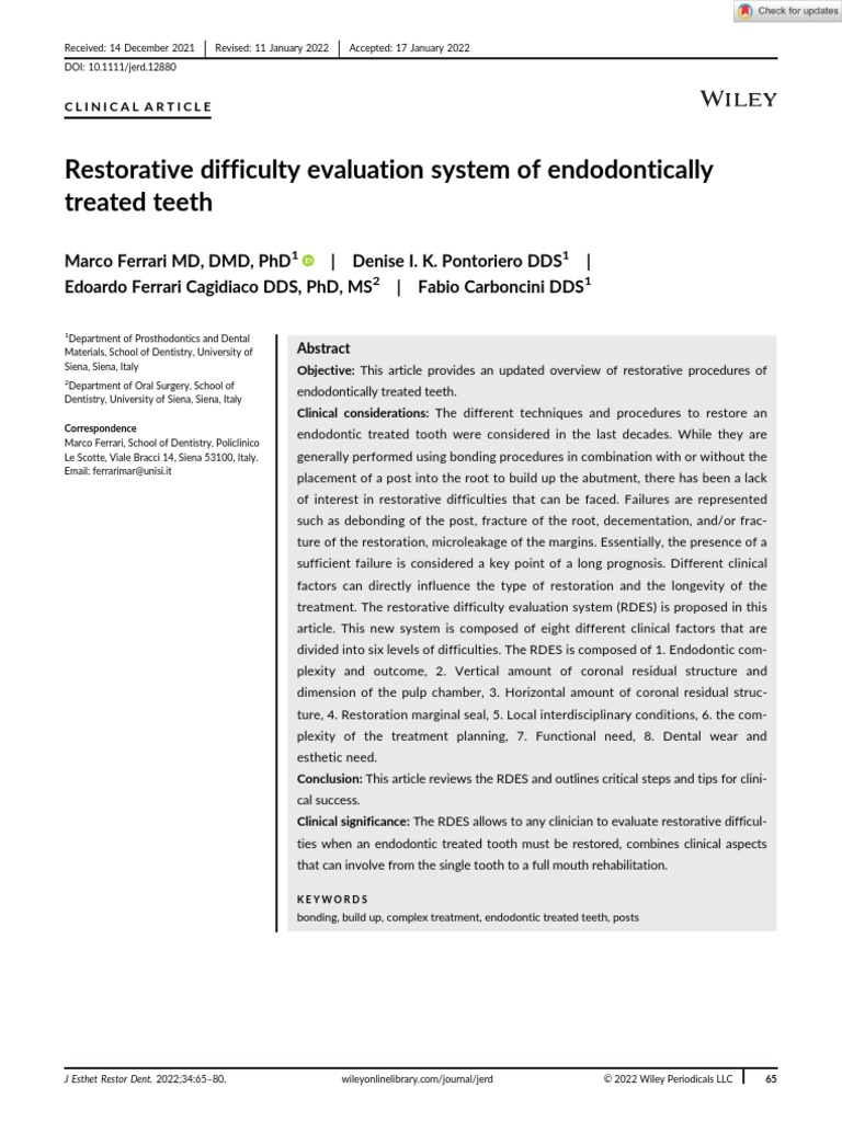 J Esthet Restor Dent 2022 Ferrari Restorative Difficulty Evaluation System of