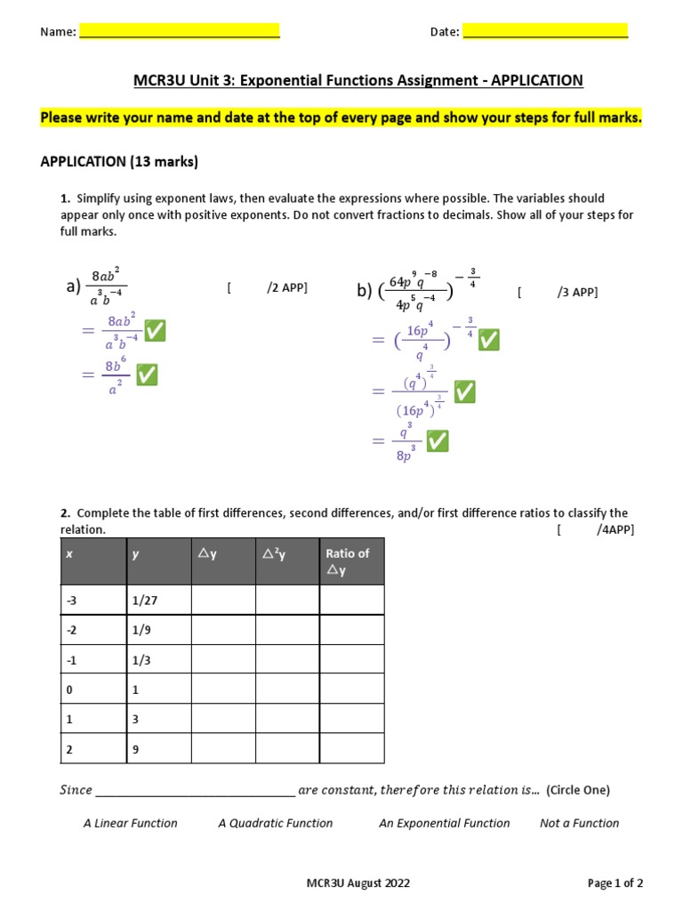 MCR3U Unit 3: Exponential Functions Assignment - APPLICATION | PDF ...
