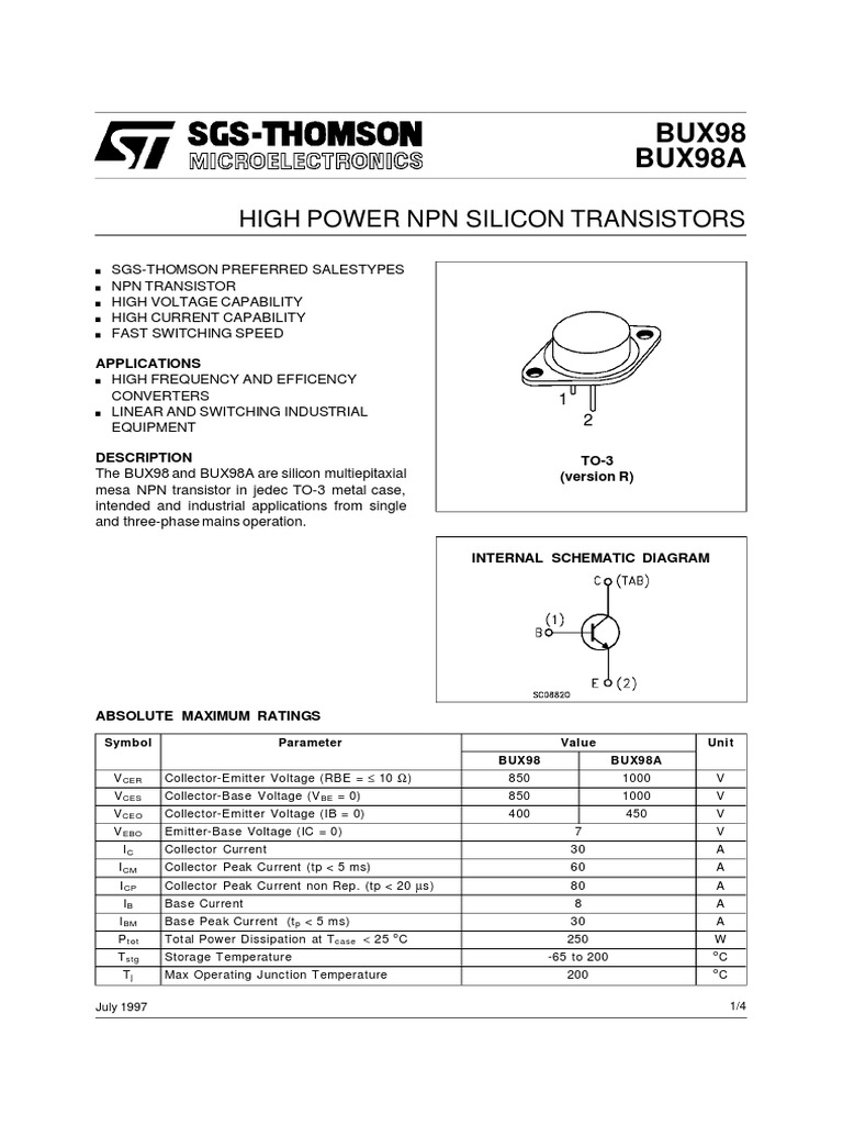 BUX98 BUX98A: High Power NPN Silicon Transistors | Download Free PDF ...