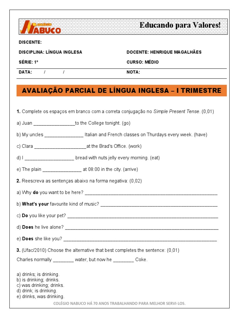 Av2 Avaliação Parcial de Língua Inglesa - Série 1 - I Trimestre | PDF