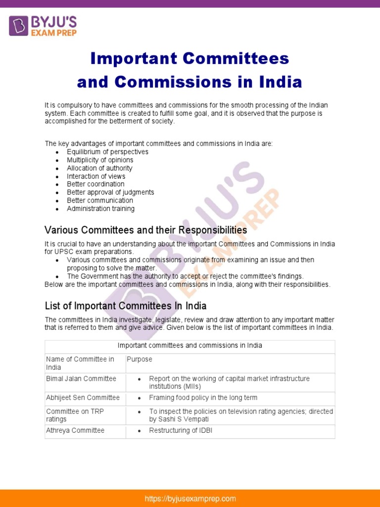 Key Committees and Commissions in India | PDF | Economies | Government ...
