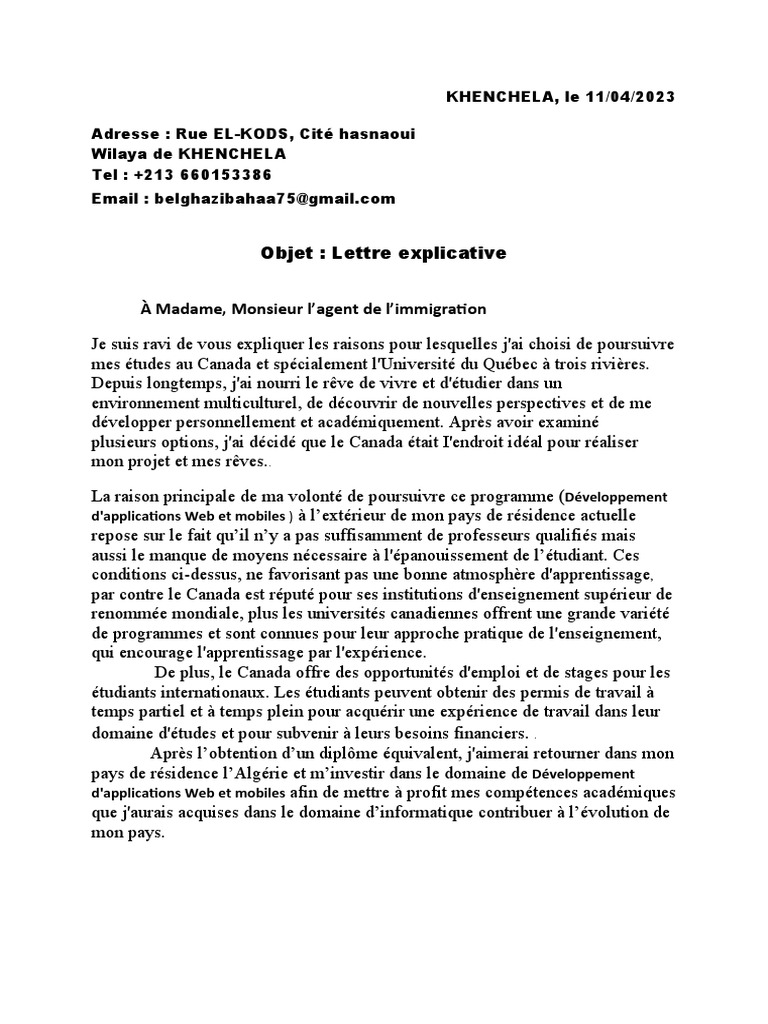 Lettre Explicative Pour Visa étudiant Canada Pdf Canada Enseignement