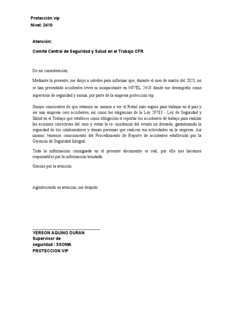 CARTA CERO ACCIDENTES - TACNA (1) | PDF