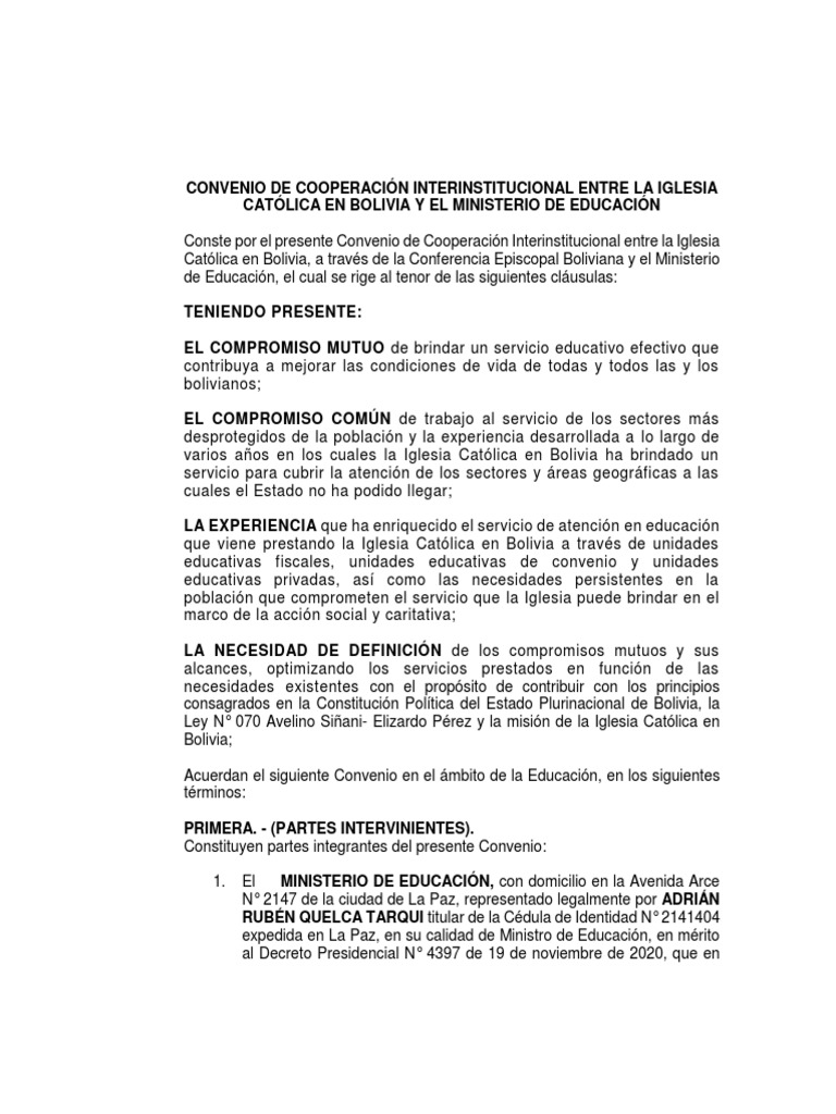 Convenio Interinstitucional Iglesia Estado Pdf Tratado Bolivia