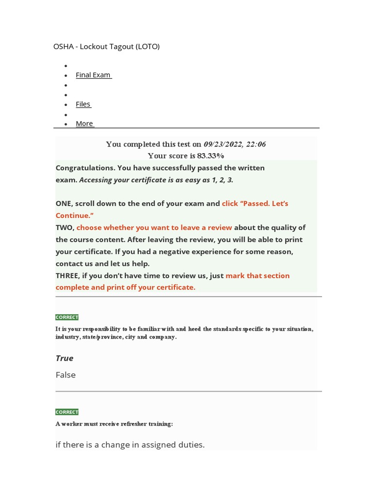 OSHA Lockout/Tagout Exam Results | PDF | Safety