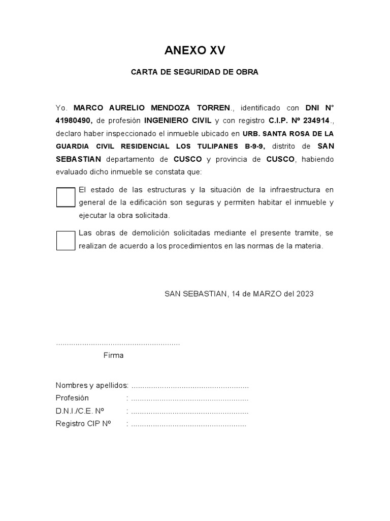 Carta de Seguridad de Obra | PDF