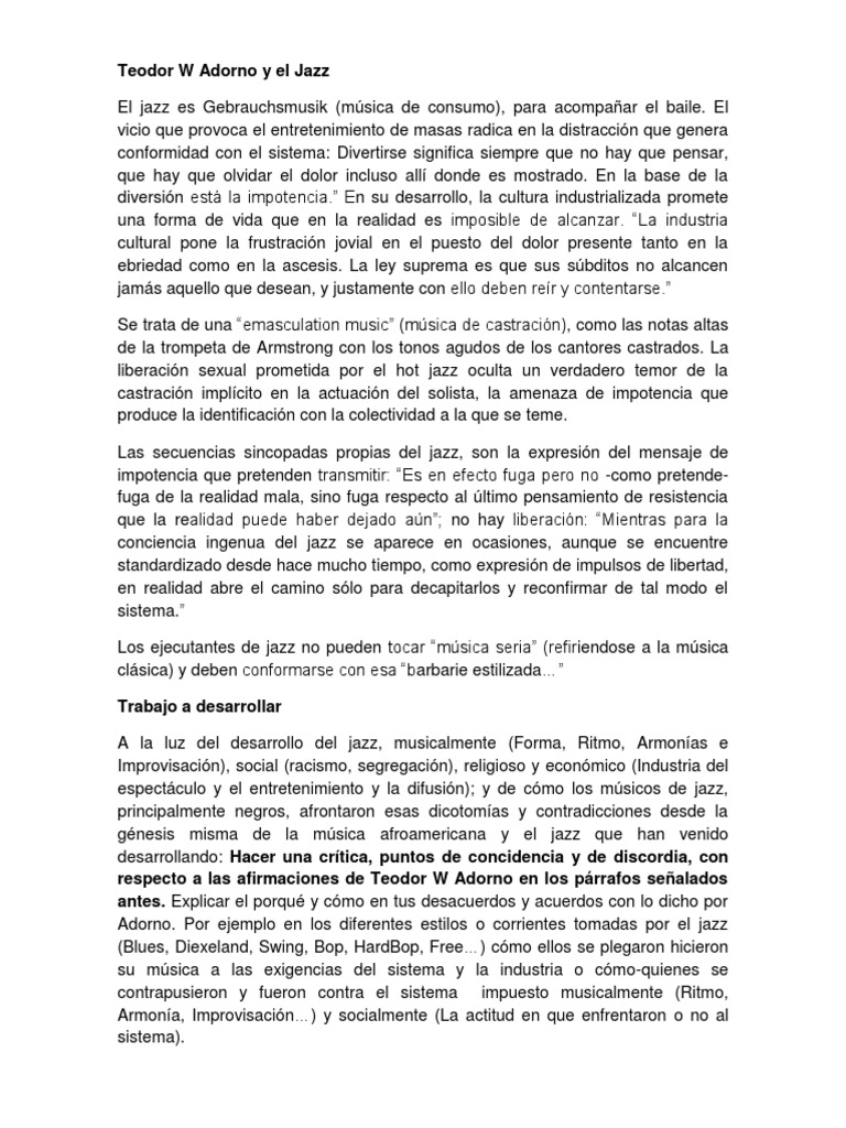 Trabajo Teodor W Adorno y El Jazz II PDF Jazz Las artes escénicas