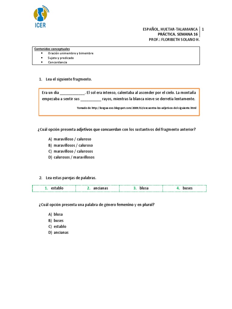 Práctica icer 4to grado Español PDF Adjetivo Adverbio