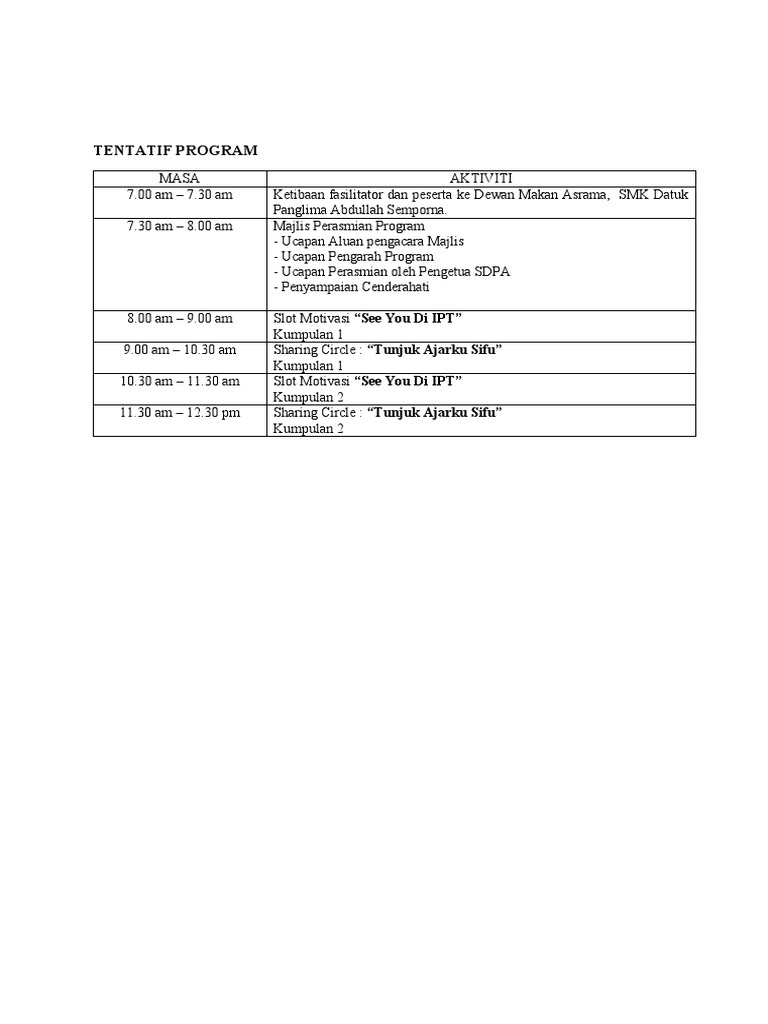 Tentatif Program Jom Masuk U | PDF