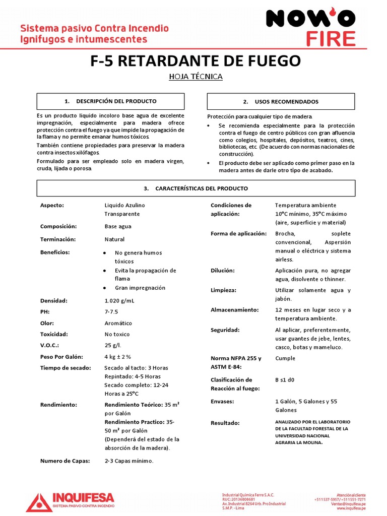 Hoja Técnica F 5 Retardante de Fuego Ver 2020 PDF Agua Madera
