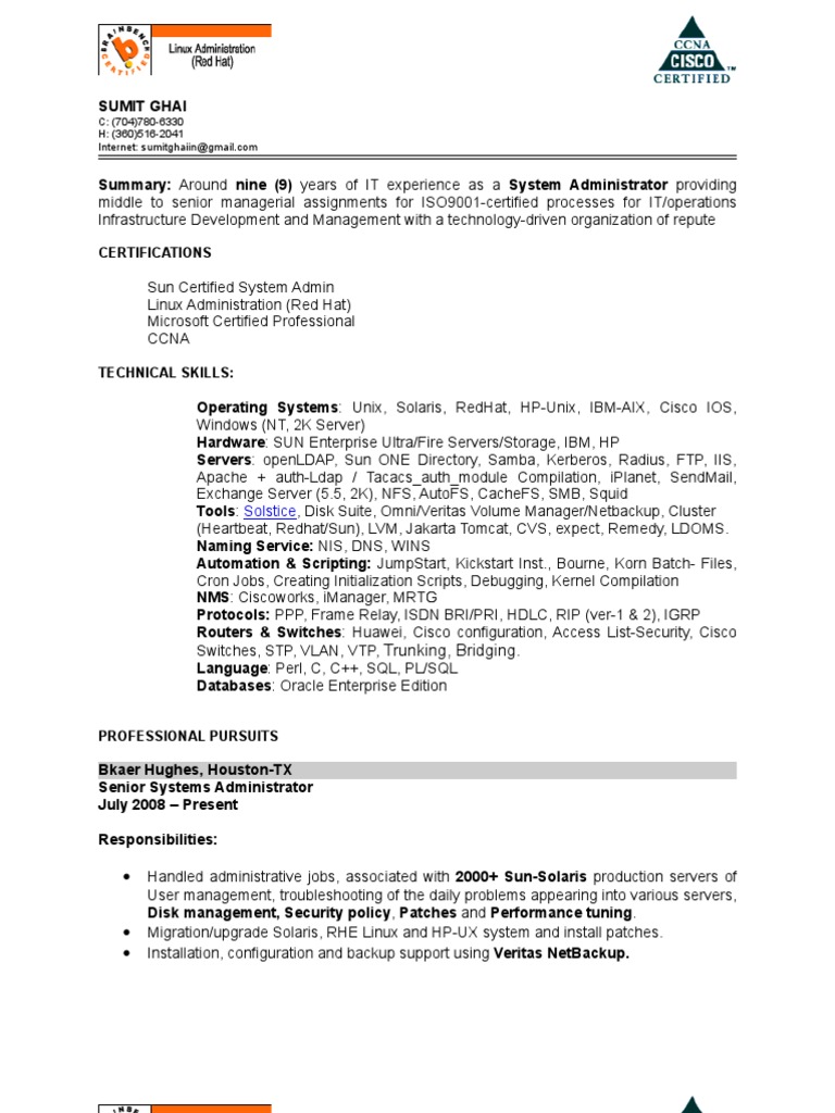 Sumit Ghai: Senior Systems Administrator | PDF | Linux | Computer Network