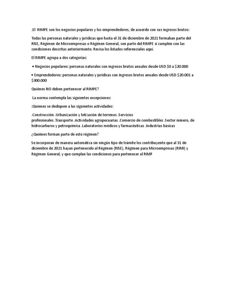El RIMPE Son Los Negocios Populares y Los Emprendedores | PDF