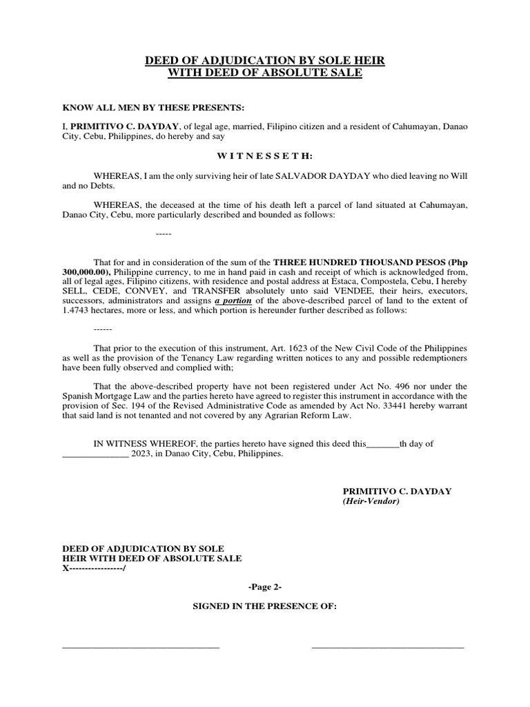 DEED OF ADJUDICATION BY SOLE HEIR With Absolute Sale PDF Deed Law And Economics