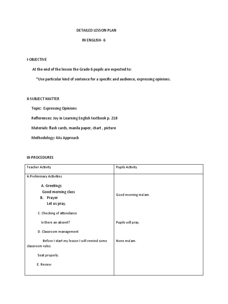 Detailed Lesson English 2 Pdf Lesson Plan Thought