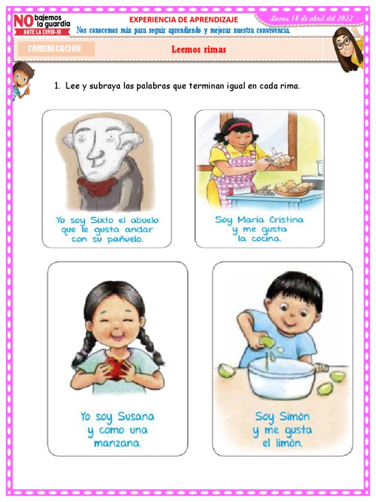 Leemos Rimas: 1. Lee y Subraya Las Palabras Que Terminan Igual en Cada ...