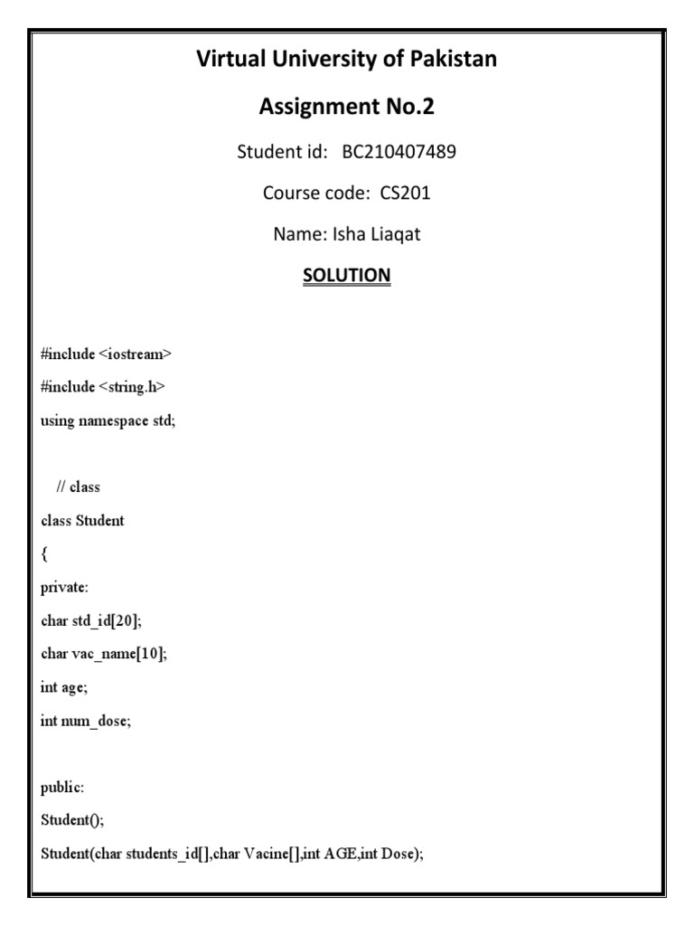 Virtual university of pakistan assignment no 2 student id bc210407489