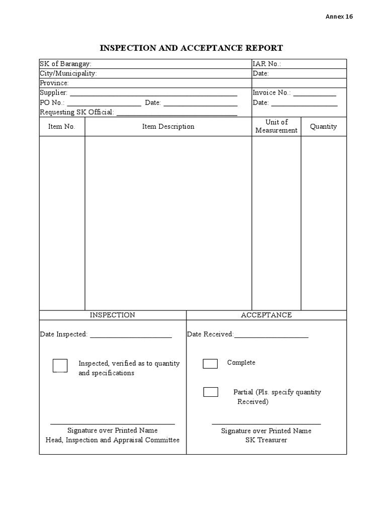 Inspection and Acceptance Report Annex 16 PDF