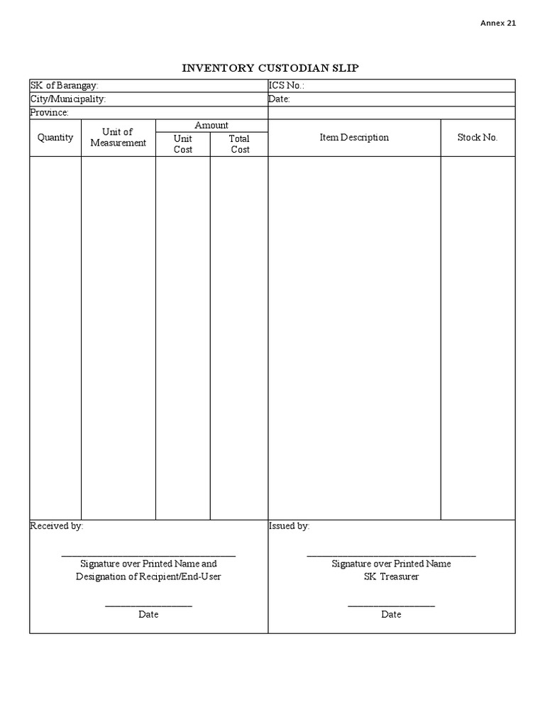 Inventory Custodian Slip Template | PDF