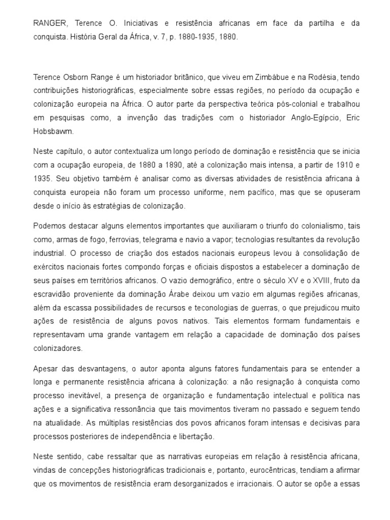Resenha - RANGER, Terence - Iniciativas e Resistência Africanas em Face ...