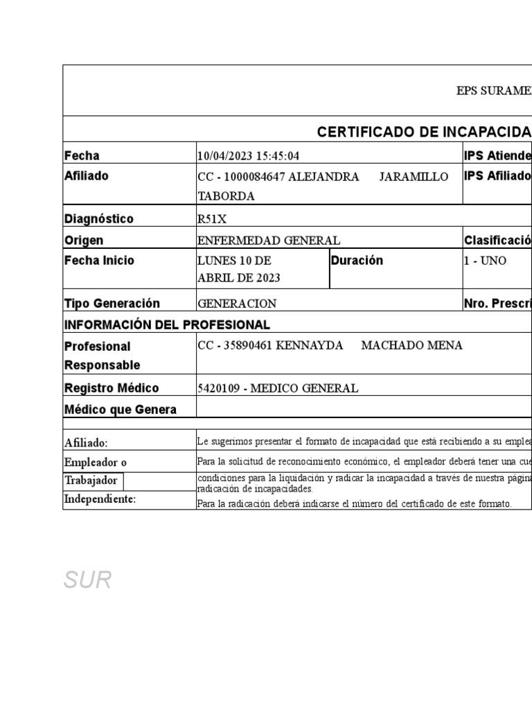 Certificado de Incapacidad EPS Suramer | PDF