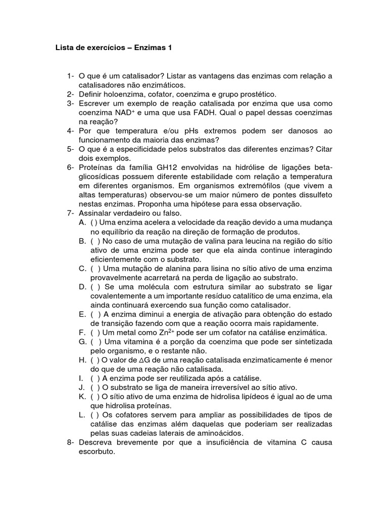 Exercícios sobre Enzimas e Cofatores | PDF | Enzima | Catálise