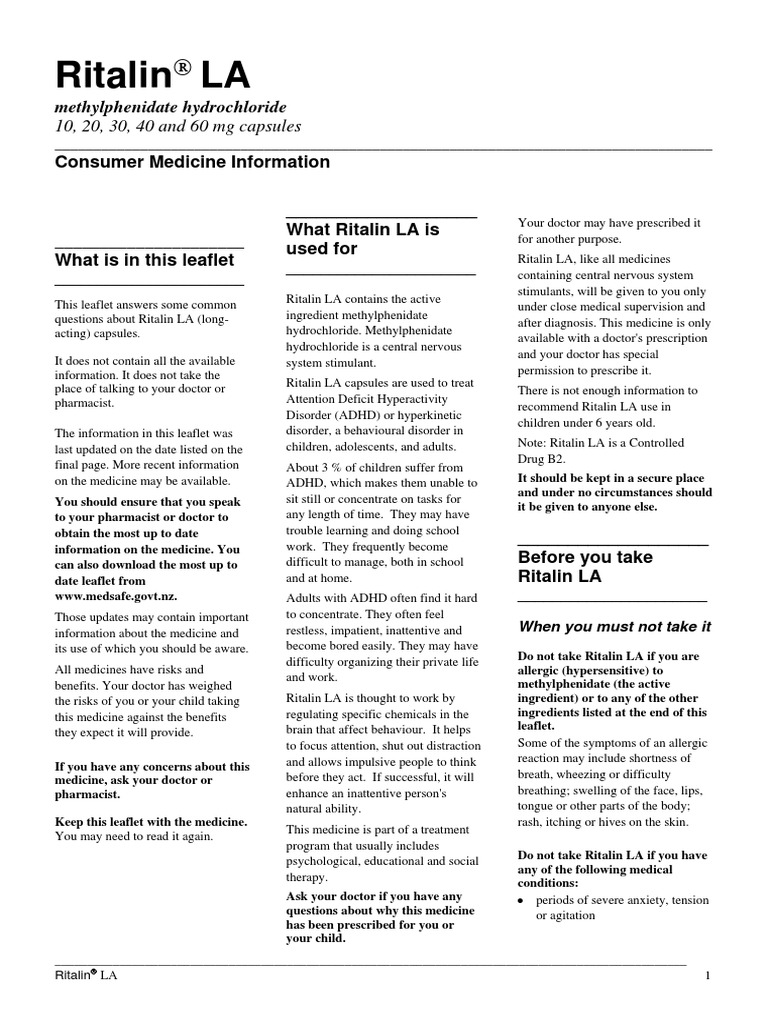 Ritalin LA - Medsafe Information | PDF | Attention Deficit ...