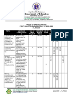 Department of Education: Table of Specifications First Quarter Examination - Sy 2022-2023 Filipino 8