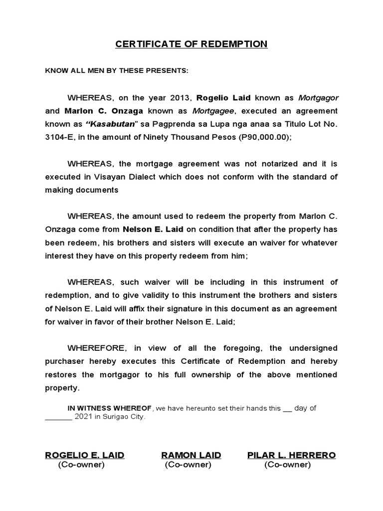 Certificate of Redemption for Property | PDF | Mortgage Law | Real ...