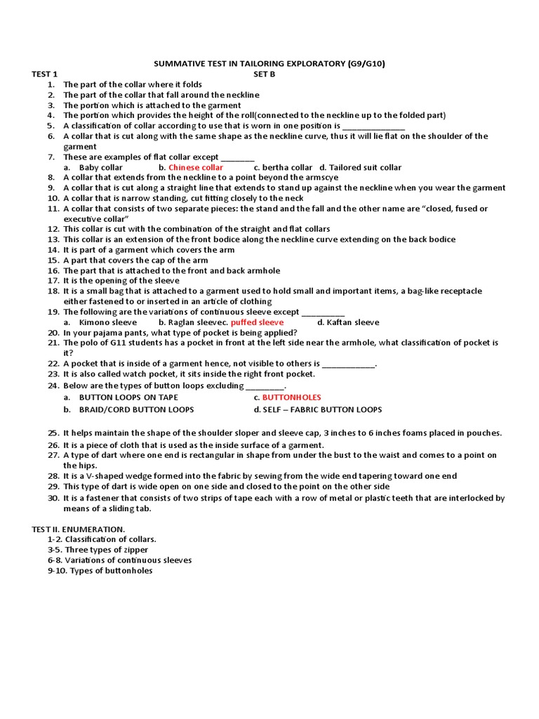 Set B Summative Test PDF Clothing Fashion