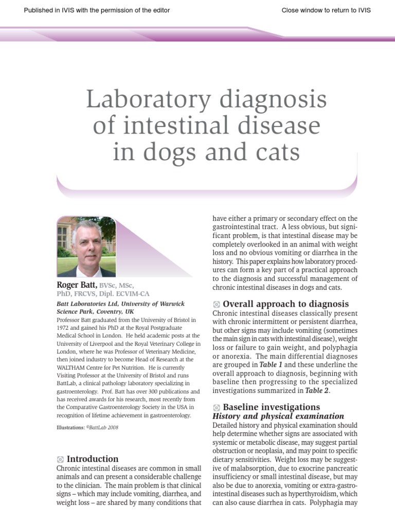 Laboratory Diagnosis of Intestinal Disease in Dogs and Cats Overall Approach To Diagnosis PDF