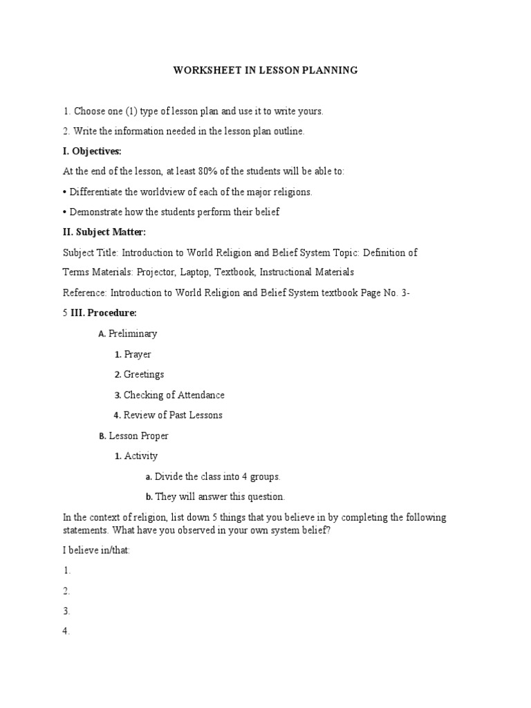 Activity-Worksheet in Lesson Planning | PDF