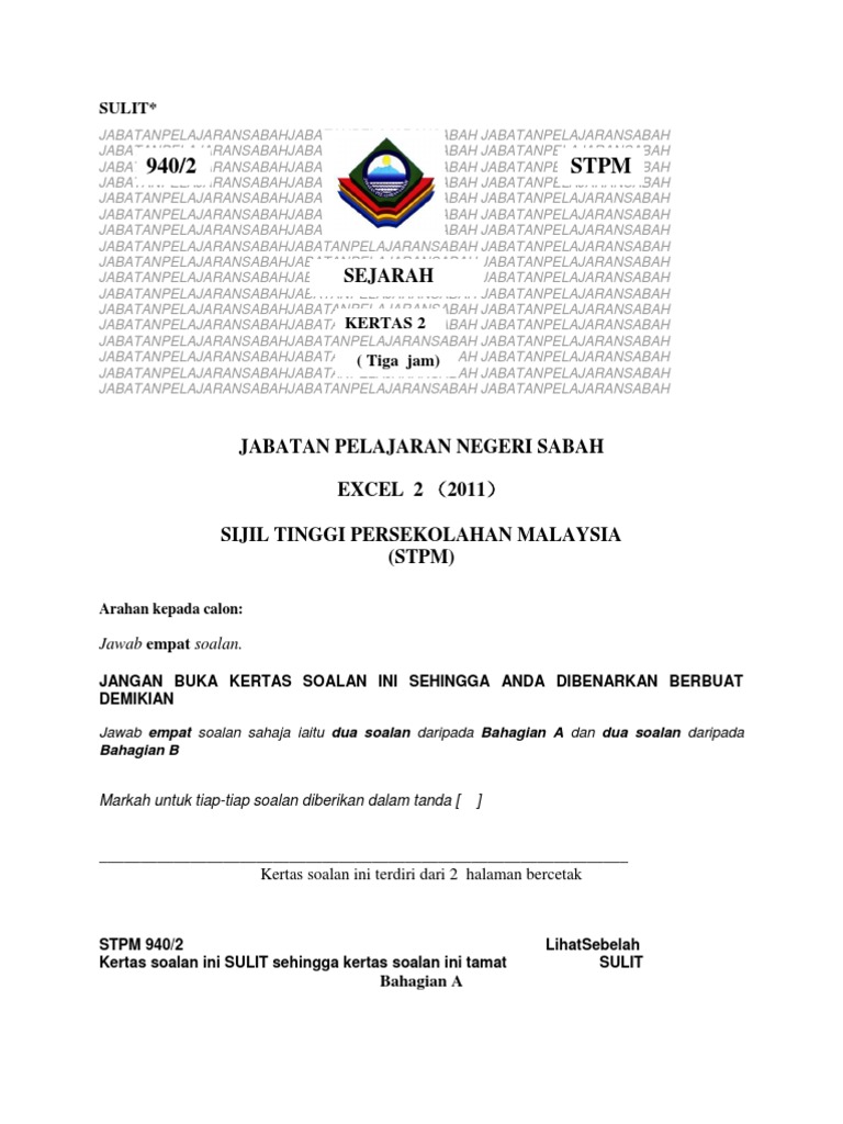 Soalan Kertas 2 Sejarah Stpm 2011 Trial Sabah