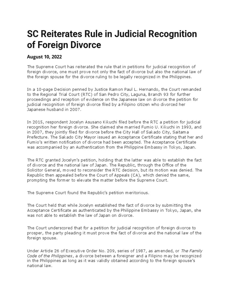 SC Reiterates Rule in Judicial Recognition of Foreign Divorce | PDF ...