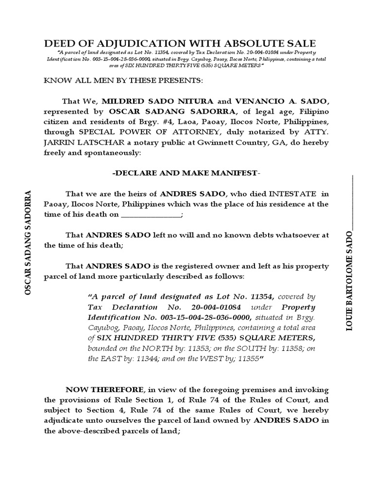 Deed of Adjudication With Absolute Sale Sadorra PDF Common Law