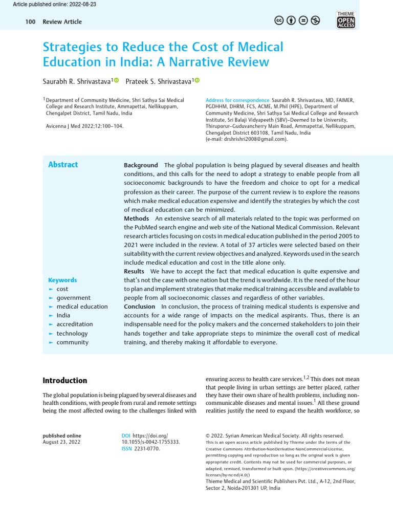 Strategies To Reduce The Cost of Medical Education in India Download Free PDF Medical School