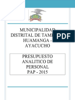 Municipalidad Distrital de Tambillo Huamanga - Ayacucho Presupuesto Analitico de Personal PAP - 2015