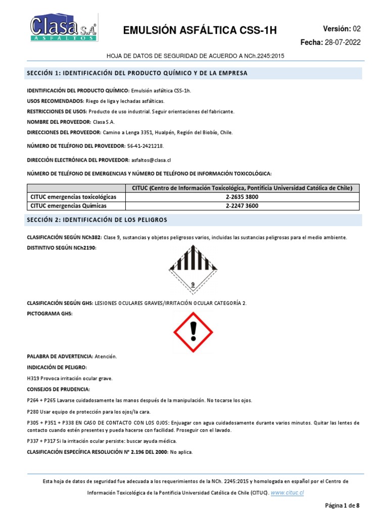 Hoja de Seguridad Emulsión Asfáltica CSS-1H | PDF | Agua | Dióxido de ...