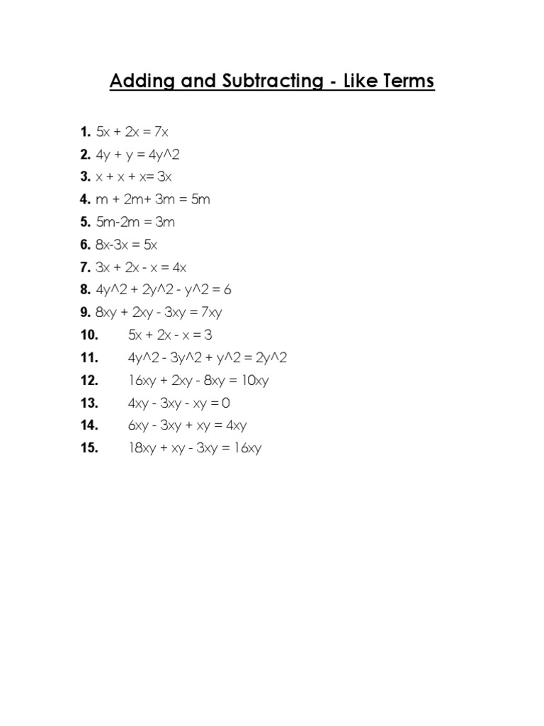Adding and Subtracting - Like Terms | PDF
