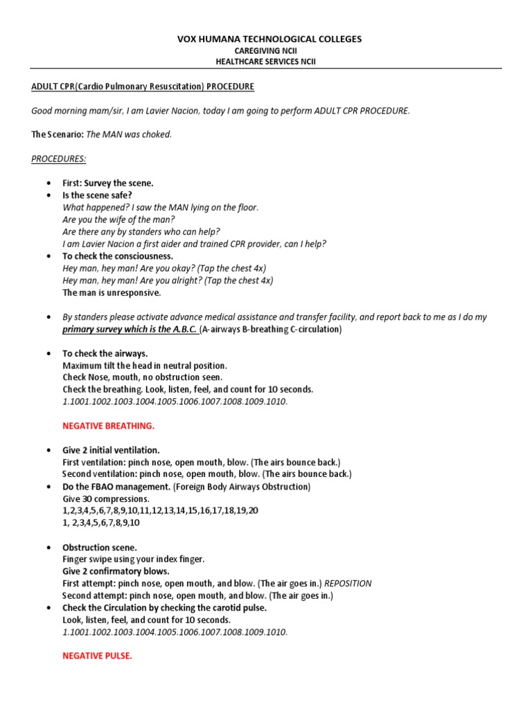 Adult CPR Procedure | PDF | Cardiopulmonary Resuscitation | Clinical ...