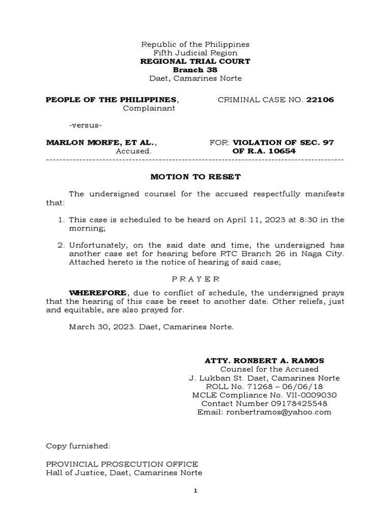 Request to Reschedule Hearing Due to Conflicting Court Commitments PDF