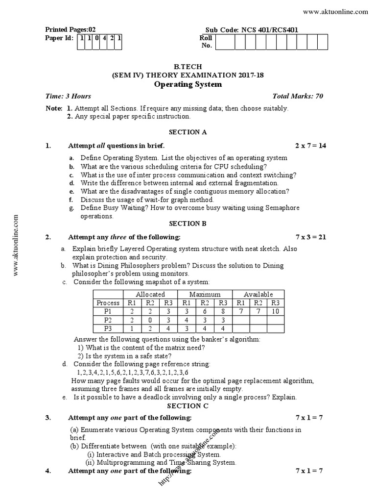 B.Tech Operating System Exam Paper 2017-18 | PDF | Scheduling ...