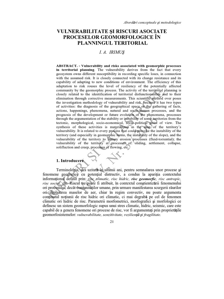 Vulnerabilitate Și Riscuri Asociate Proceselor Geomorfologice | PDF