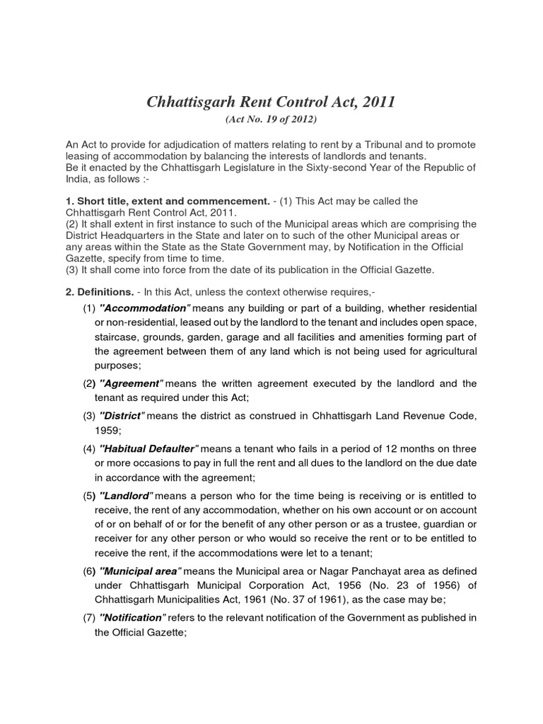 Chhattisgarh Rent Control Act PDF Leasehold Estate Landlord