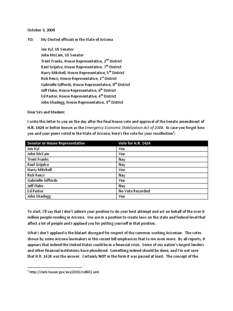 Open Letter To AZ Senators/Representatives Bailout John Mc Cain