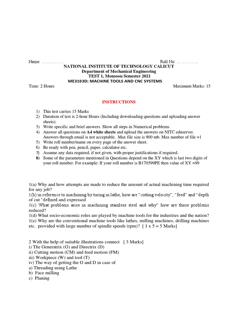 NIT Calicut ME3103D Test on Machining | PDF | Machining | Tools