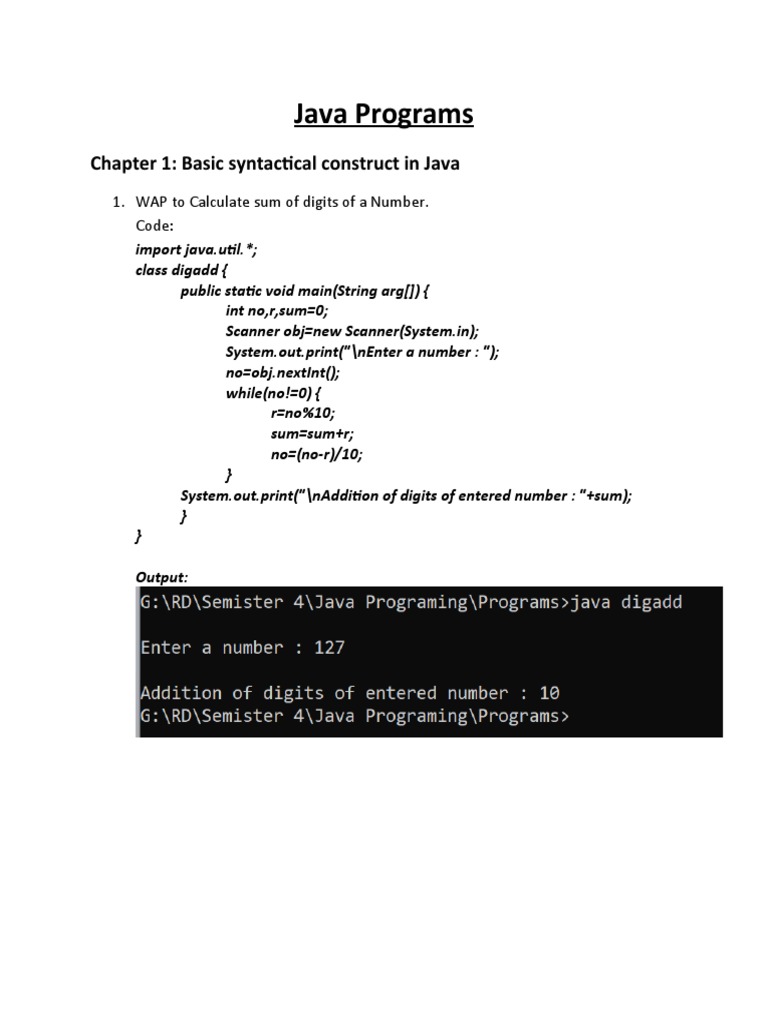Java Programs: Chapter 1: Basic Syntactical Construct in Java | PDF ...