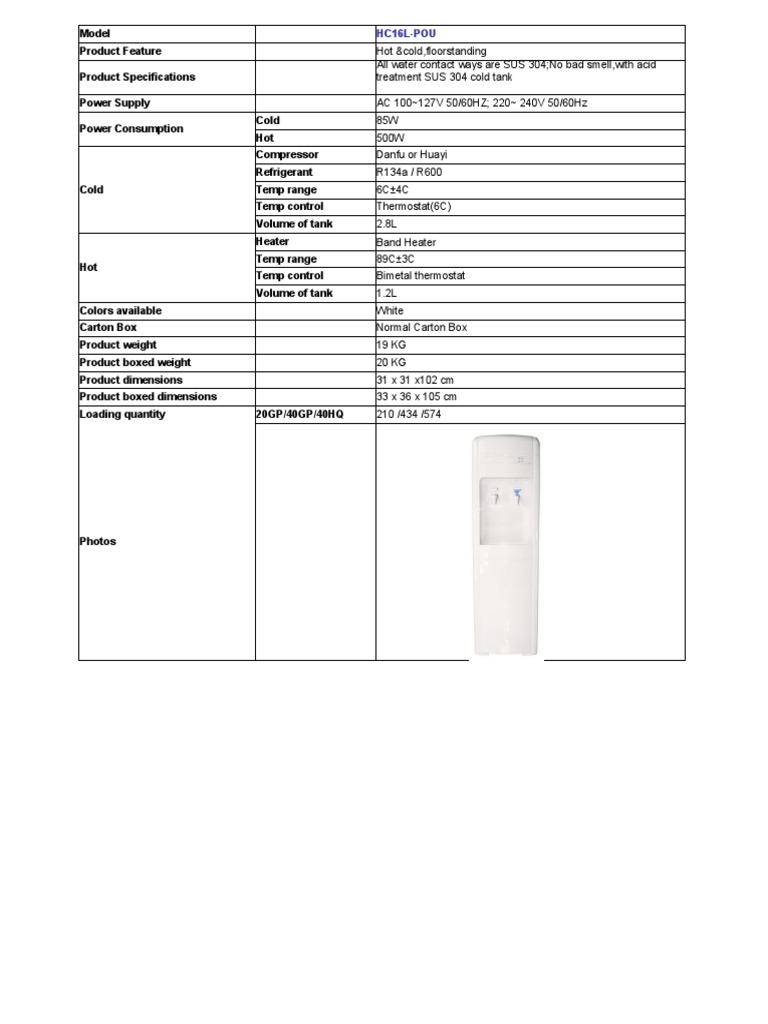 Product Specifications and Technical Details of a Range of Hot and Cold Water Dispensers PDF