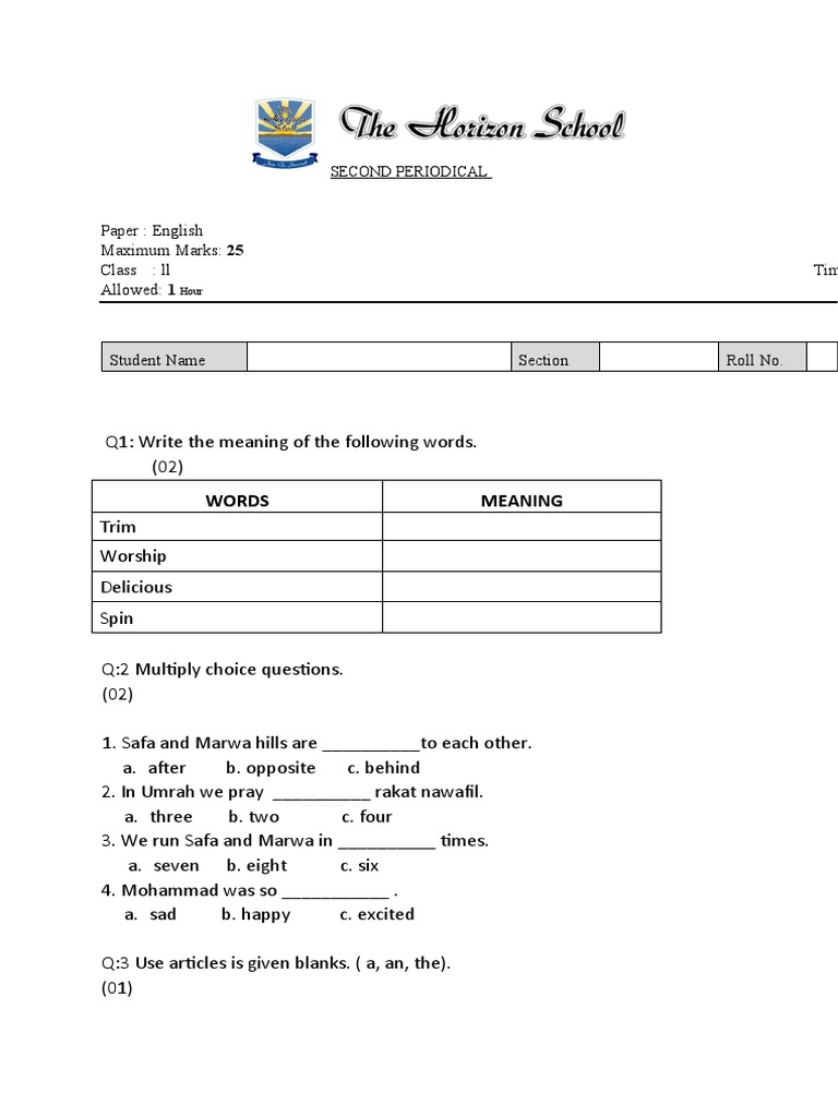 Class 2 English Paper Miss Wania PDF Grammatical Gender