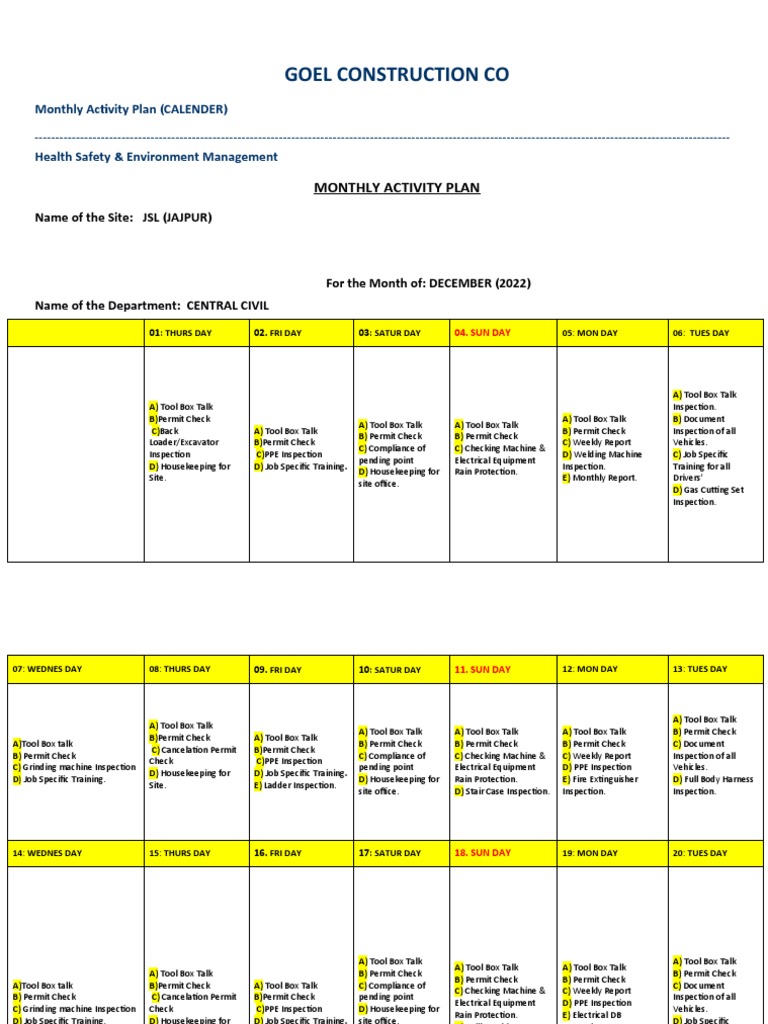 Monthly activity plan dec 2022 pdf manufactured goods equipment