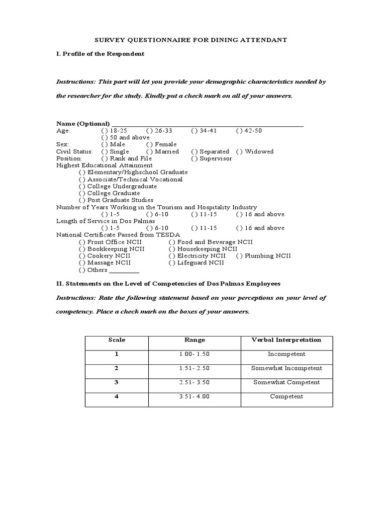 Dining Survey PDF Restaurants Psychology